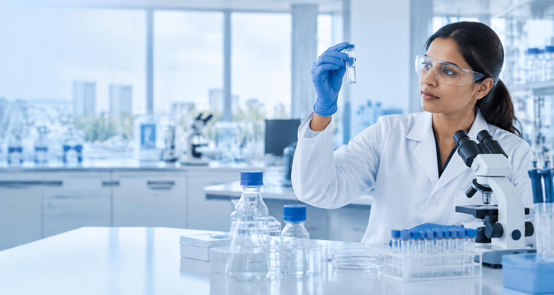 Scientist inspecting a sample in a laboratory (illustrative science imagery)